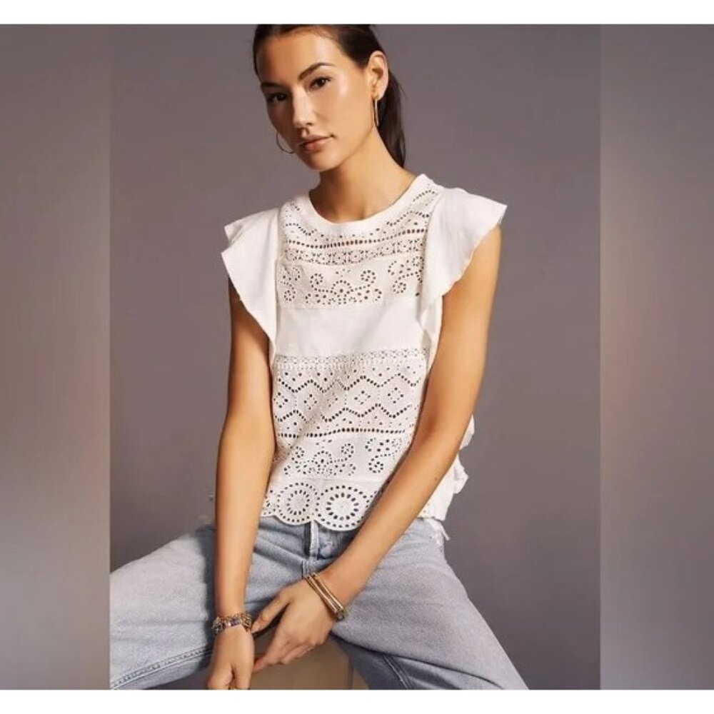 Anthropologie Sustainable Lace Tank Size XL White Eyelet Coastal Feminine Beach